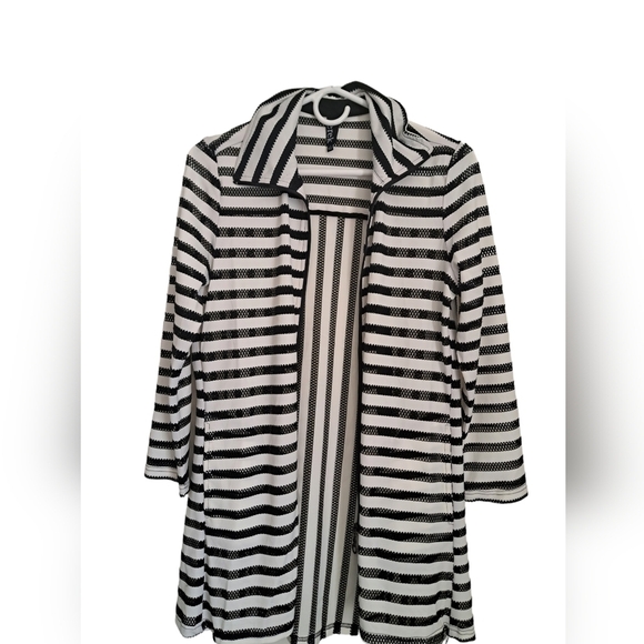 BEREK black white stripe bathing suit coverup zip front shirt coastal fishnet SM - Picture 2 of 7